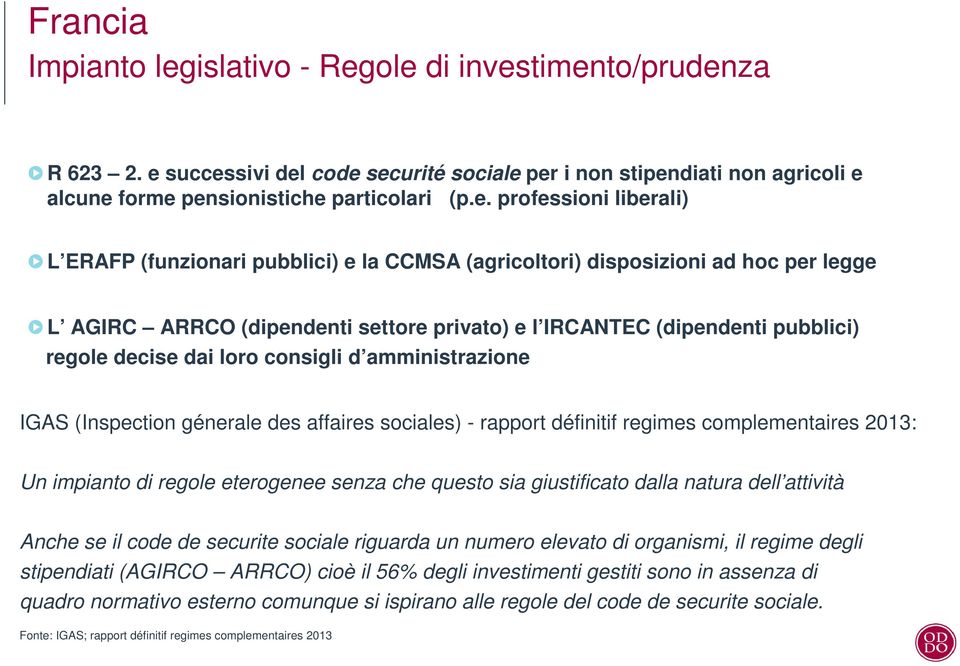 ole di investimento/prudenza R 623 2. e successivi del code securité sociale per i non stipendiati non agricoli e alcune forme pensionistiche particolari (p.e. professioni liberali) L ERAFP