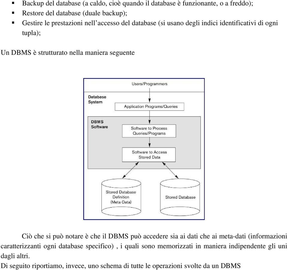 Ciò che si può notare è che il DBMS può accedere sia ai dati che ai meta dati (informazioni caratterizzanti ogni database specifico), i