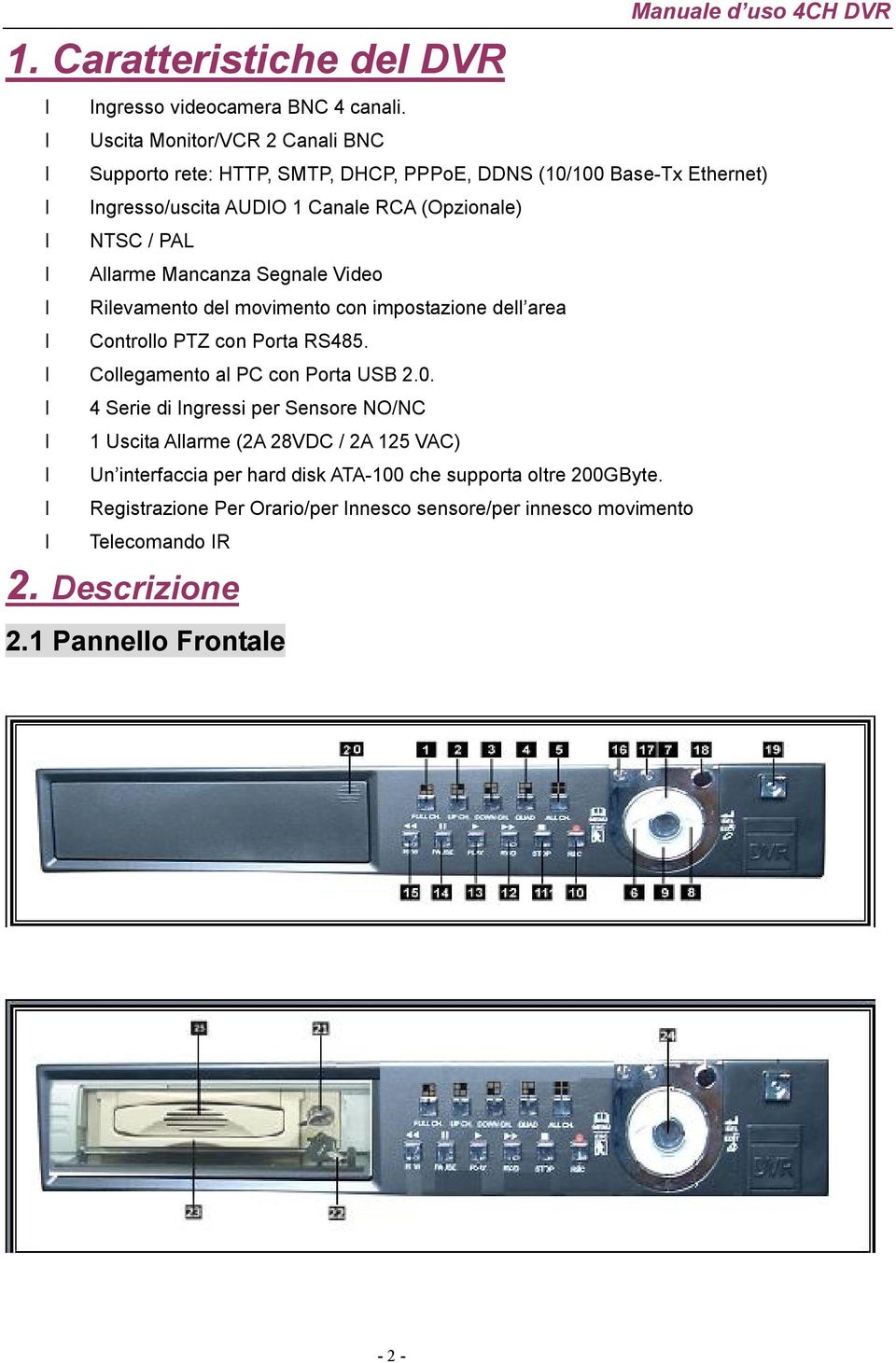 (Opzionale) NTSC / PAL Allarme Mancanza Segnale Video Rilevamento del movimento con impostazione dell area Controllo PTZ con Porta RS485.