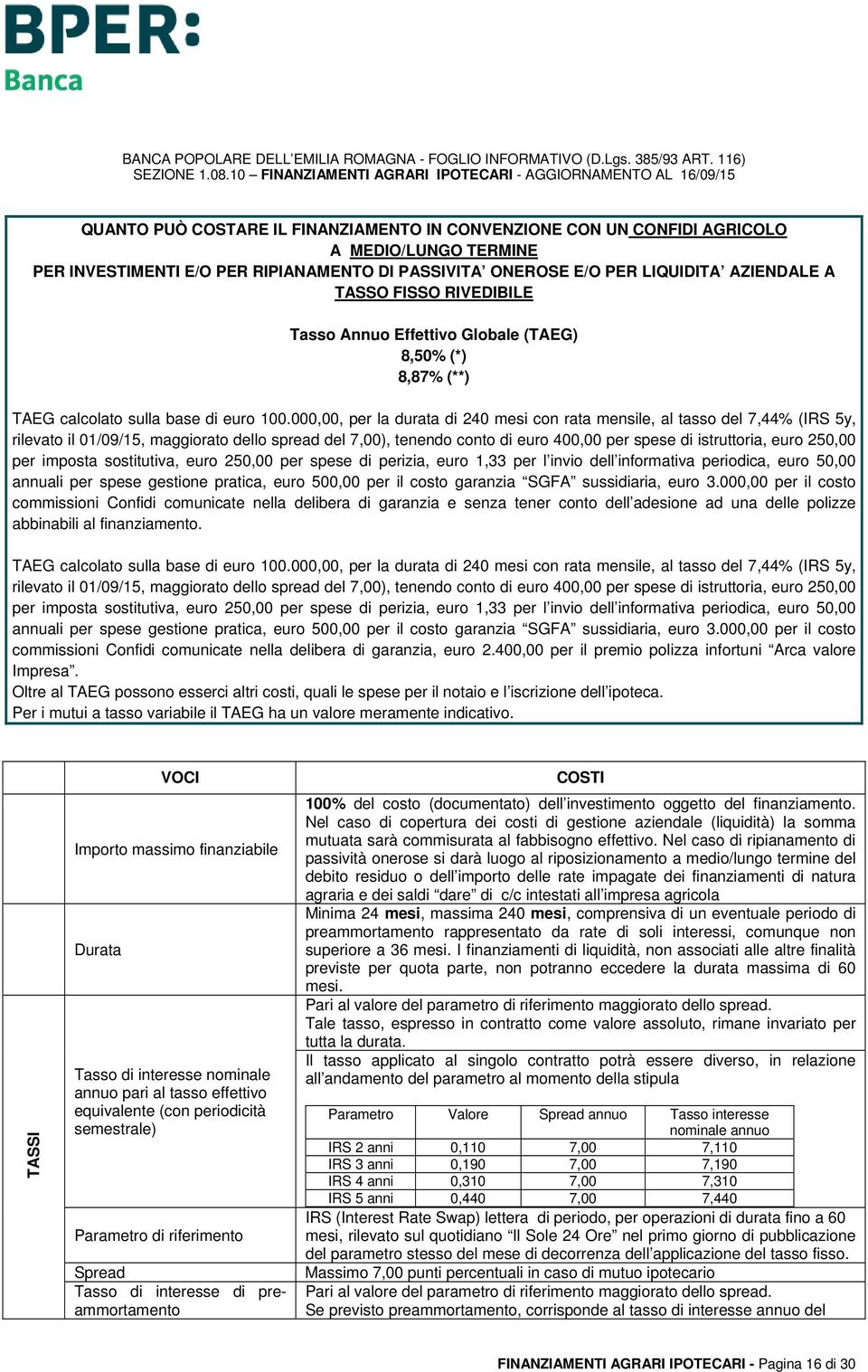 000,00, per la durata di 240 mesi con rata mensile, al tasso del 7,44% (IRS 5y, rilevato il 01/09/15, maggiorato dello spread del 7,00), tenendo conto di euro 400,00 per spese di istruttoria, euro