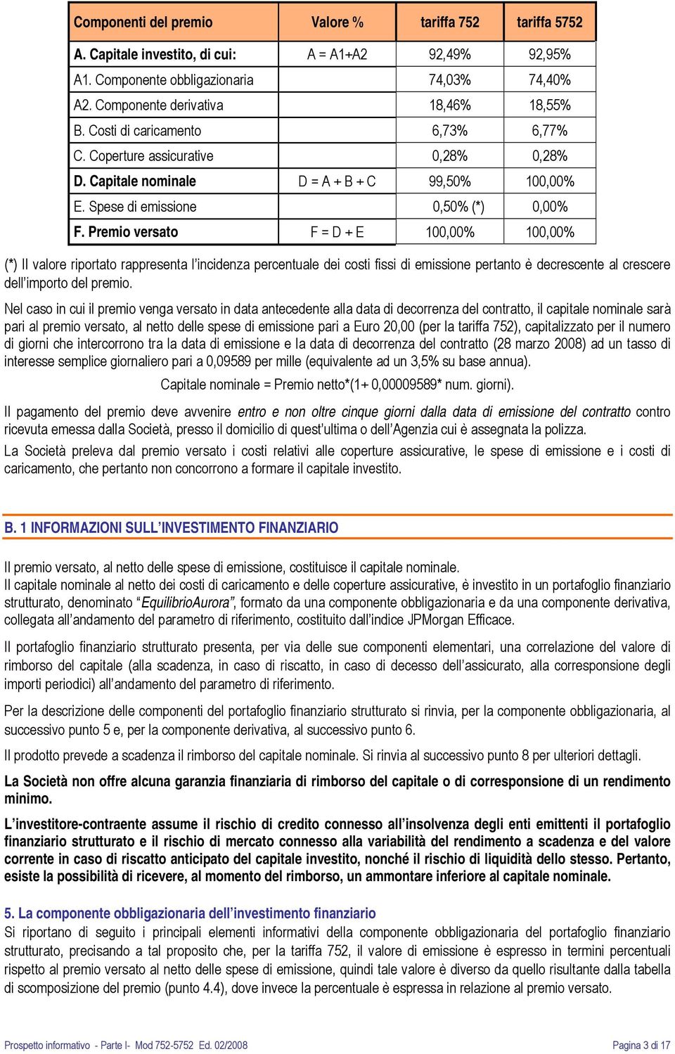 Premio versato F = D + E 100,00% 100,00% (*) Il valore riportato rappresenta l incidenza percentuale dei costi fissi di emissione pertanto è decrescente al crescere dell importo del premio.