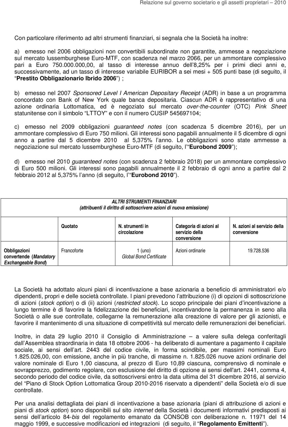 000,00, al tasso di interesse annuo dell 8,25% per i primi dieci anni e, successivamente, ad un tasso di interesse variabile EURIBOR a sei mesi + 505 punti base (di seguito, il Prestito