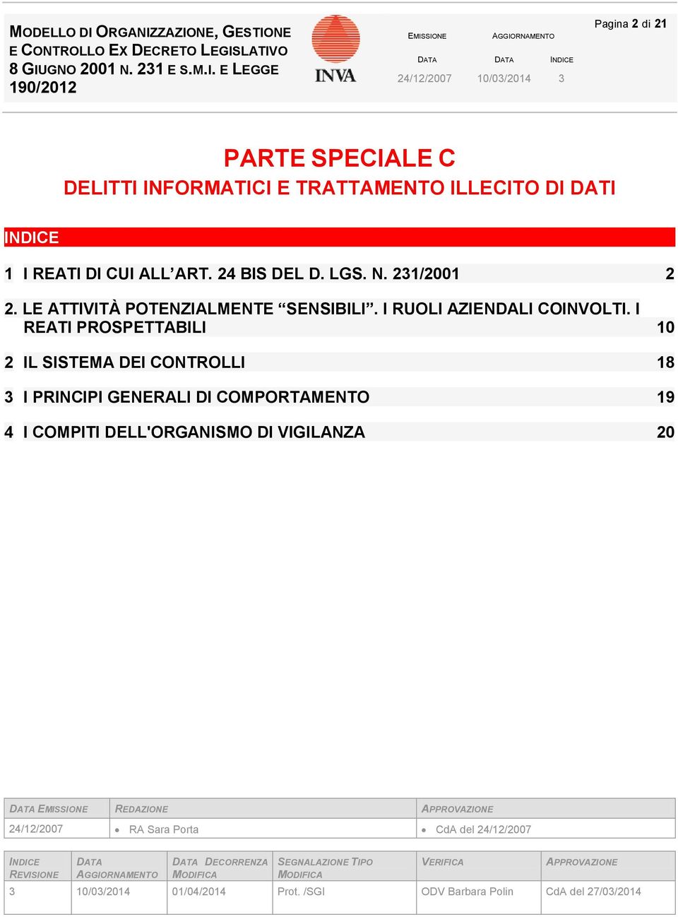 I RATI PROSPTTABILI 10 2 IL SISTMA DI CONTROLLI 18 3 I PRINCIPI GNRALI DI COMPORTAMNTO 19 4 I COMPITI DLL'ORGANISMO DI VIGILANZA 20