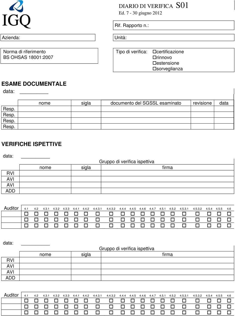 Resp. Resp. Resp. nome sigla documento del SGSSL esaminato revisione data VERIFICHE ISPETTIVE data: RVI AVI AVI ADD Gruppo di verifica ispettiva nome sigla firma Auditor 4.1 4.