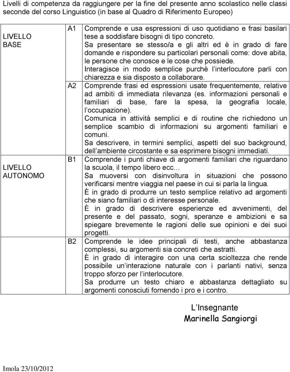 Sa presentare se stesso/a e gli altri ed è in grado di fare domande e rispondere su particolari personali come: dove abita, le persone che conosce e le cose che possiede.