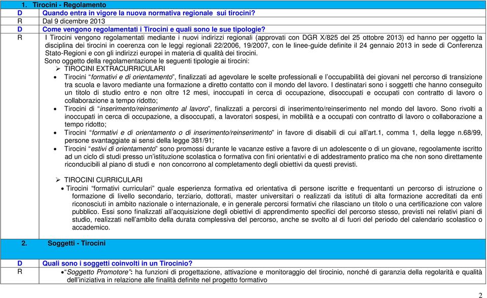 22/2006, 19/2007, con le linee-guide definite il 24 gennaio 2013 in sede di Conferenza Stato-egioni e con gli indirizzi europei in materia di qualità dei tirocini.