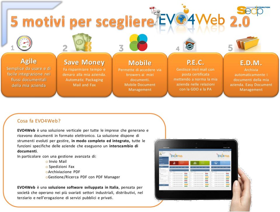 Gestisce invii mail con posta certificata mettendo a norma la mia azienda nelle relazioni con la GDO e la PA E.D.M. Archivia automaticamente i documenti della mia azienda.