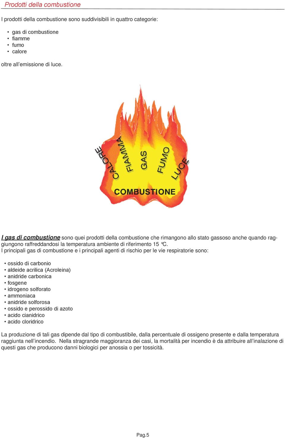 I principali gas di combustione e i principali agenti di rischio per le vie respiratorie sono: ossido di carbonio aldeide acrilica (Acroleina) anidride carbonica fosgene idrogeno solforato ammoniaca