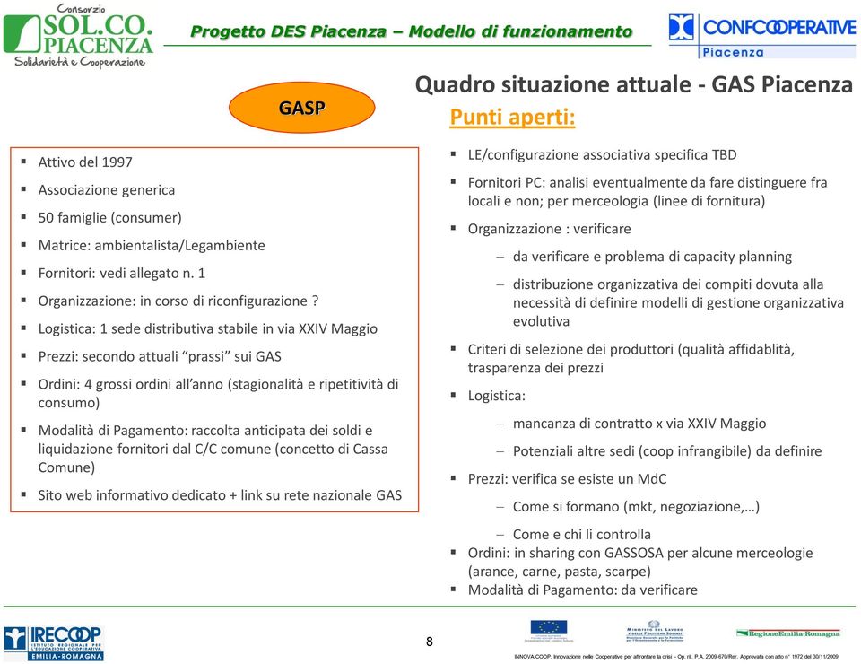 raccolta anticipata dei soldi e liquidazione fornitori dal C/C comune (concetto di Cassa Comune) Sito web informativo dedicato + link su rete nazionale GAS Quadro situazione attuale - GAS Piacenza