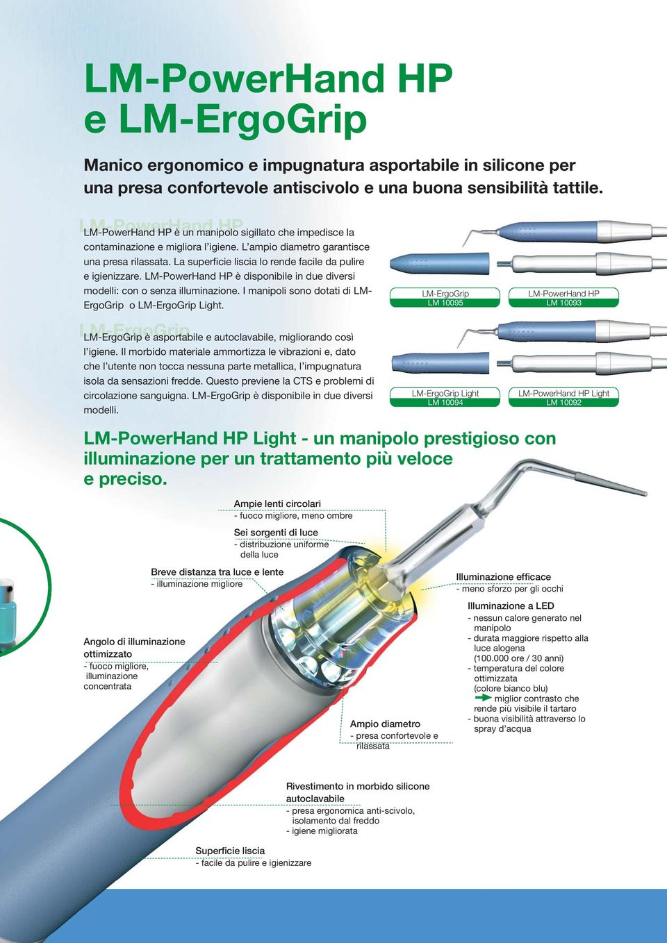 La superficie liscia lo rende facile da pulire e igienizzare. LM-PowerHand HP è disponibile in due diversi modelli: con o senza illuminazione.