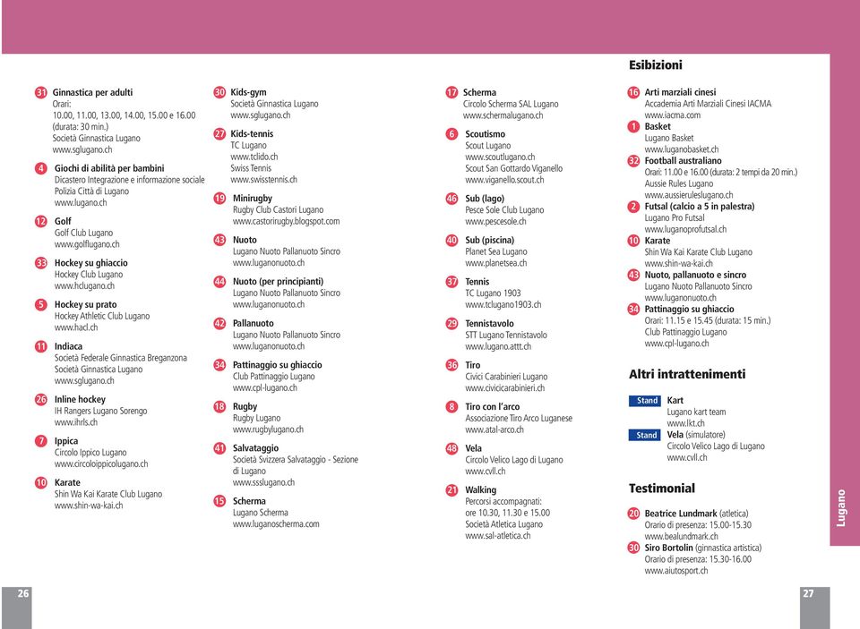 hclugano.ch Hockey su prato Hockey Athletic Club Lugano www.hacl.ch Indiaca Società Federale Ginnastica Breganzona Società Ginnastica Lugano www.sglugano.