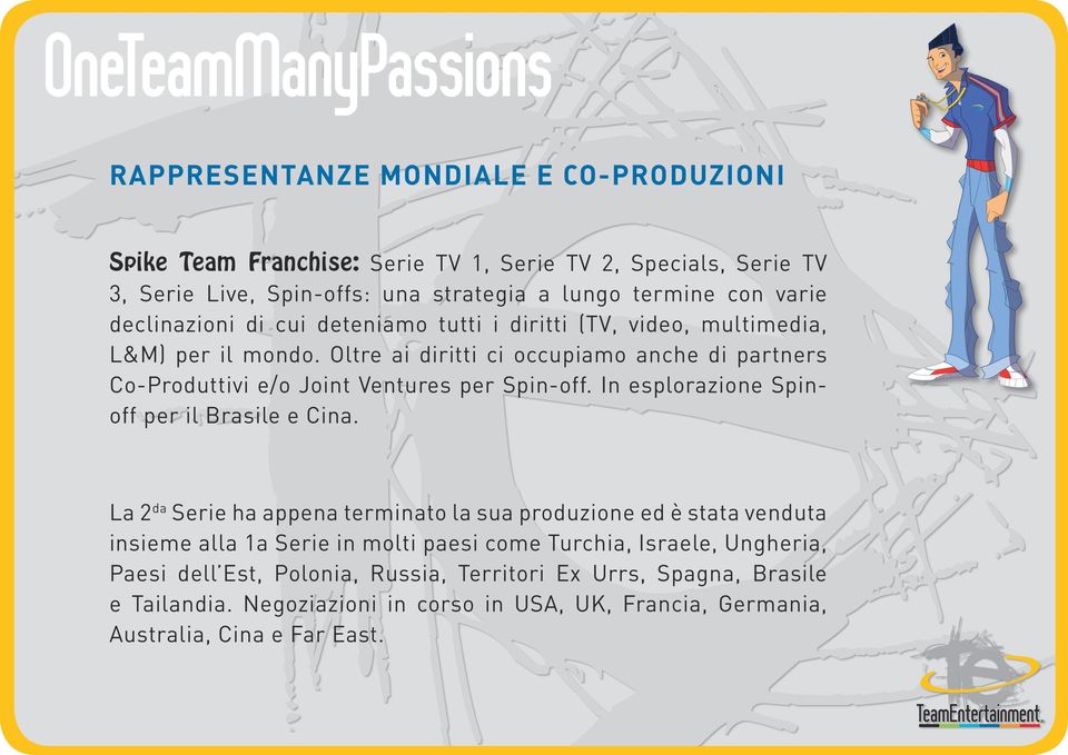 Oltre ai diritti ci occupiamo anche di partners Co-Produttivi e/o Joint Ventures per Spin-off. In esplorazione Spinoff per il Brasile e Cina.