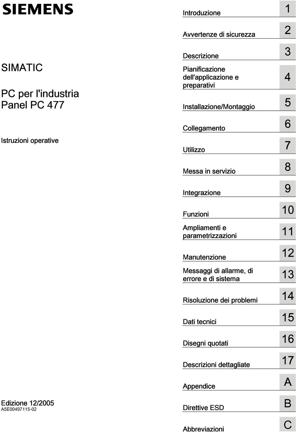 10 Ampliamenti e parametrizzazioni 11 Manutenzione 12 Messaggi di allarme, di errore e di sistema 13 Risoluzione dei problemi 14