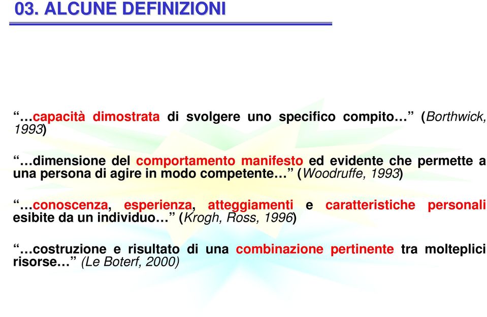 (Woodruffe, 1993) conoscenza, esperienza, atteggiamenti e caratteristiche personali esibite da un