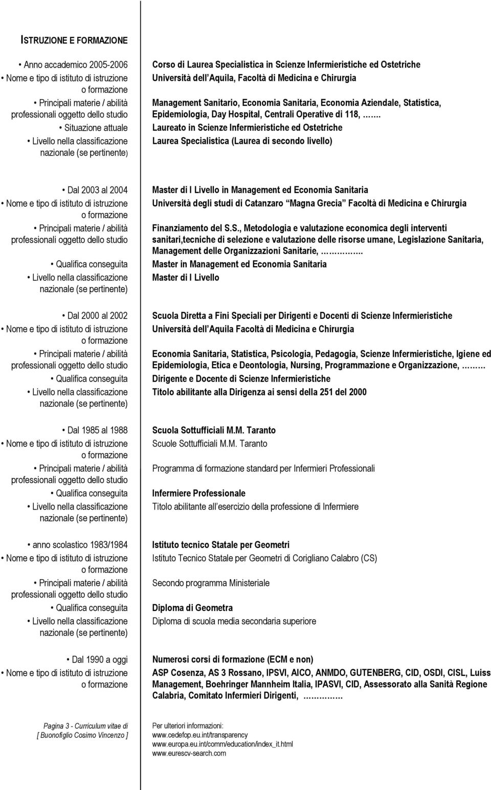 Laureato in Scienze Infermieristiche ed Ostetriche Laurea Specialistica (Laurea di secondo livello) Dal 2003 al 2004 Dal 2000 al 2002 Dal 1985 al 1988 anno scolastico 1983/1984 Dal 1990 a oggi Master