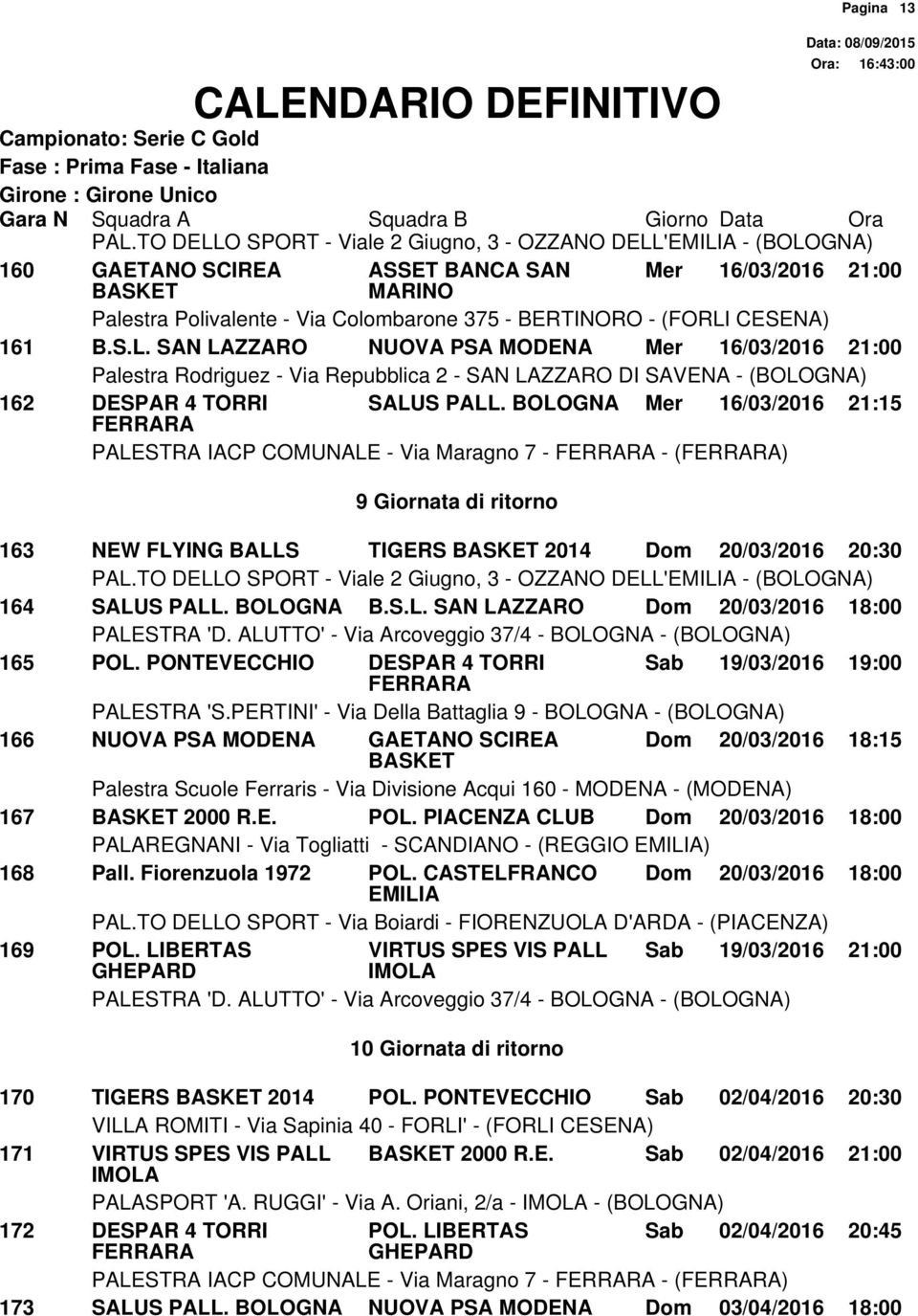 TO DELLO SPORT - Viale 2 Giugno, 3 - OZZANO DELL' - (BOLOGNA) 164 SALUS PALL. BOLOGNA B.S.L. SAN LAZZARO Dom 20/03/2016 18:00 165 POL.