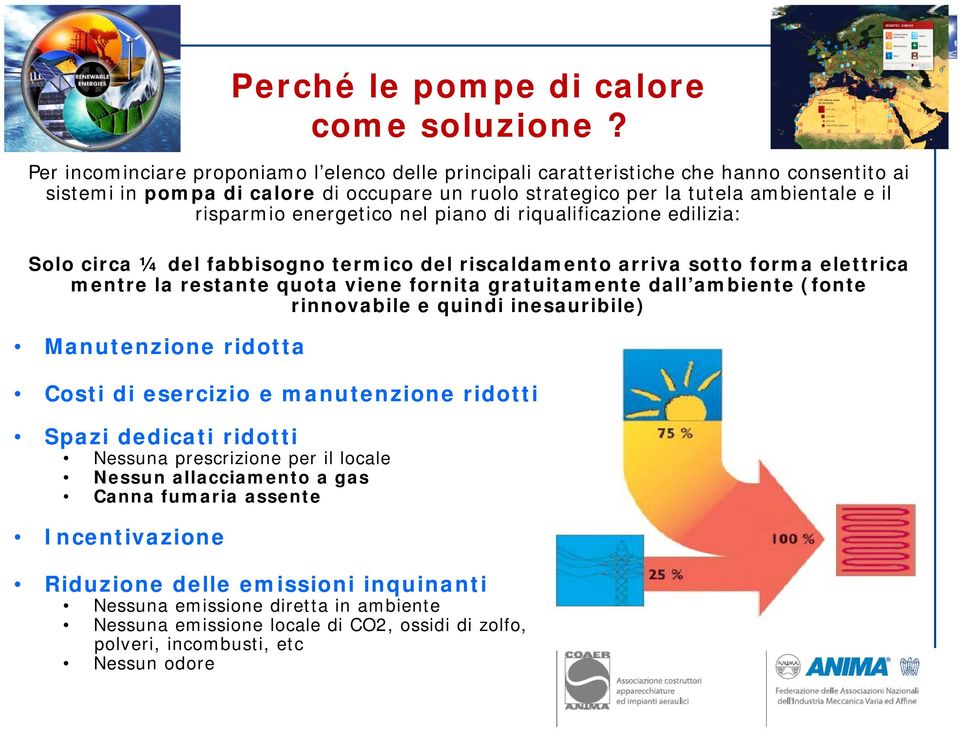 ambiente (fonte rinnovabile e quindi inesauribile) Manutenzione ridotta Costi di esercizio e manutenzione ridotti Spazi dedicati ridotti Nessuna prescrizione per il locale Nessun allacciamento a gas