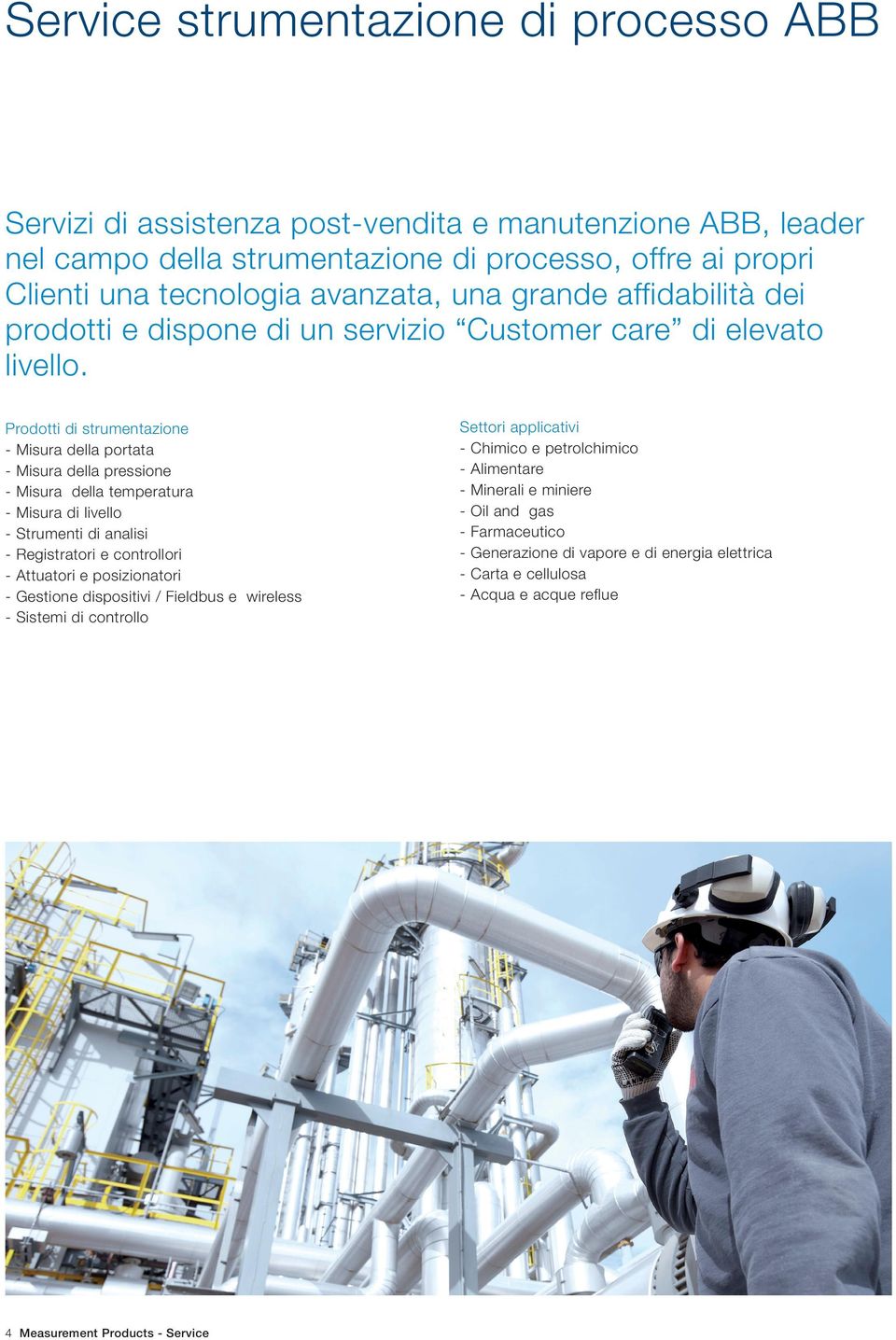 Prodotti di strumentazione - Misura della portata - Misura della pressione - Misura della temperatura - Misura di livello - Strumenti di analisi - Registratori e controllori - Attuatori e