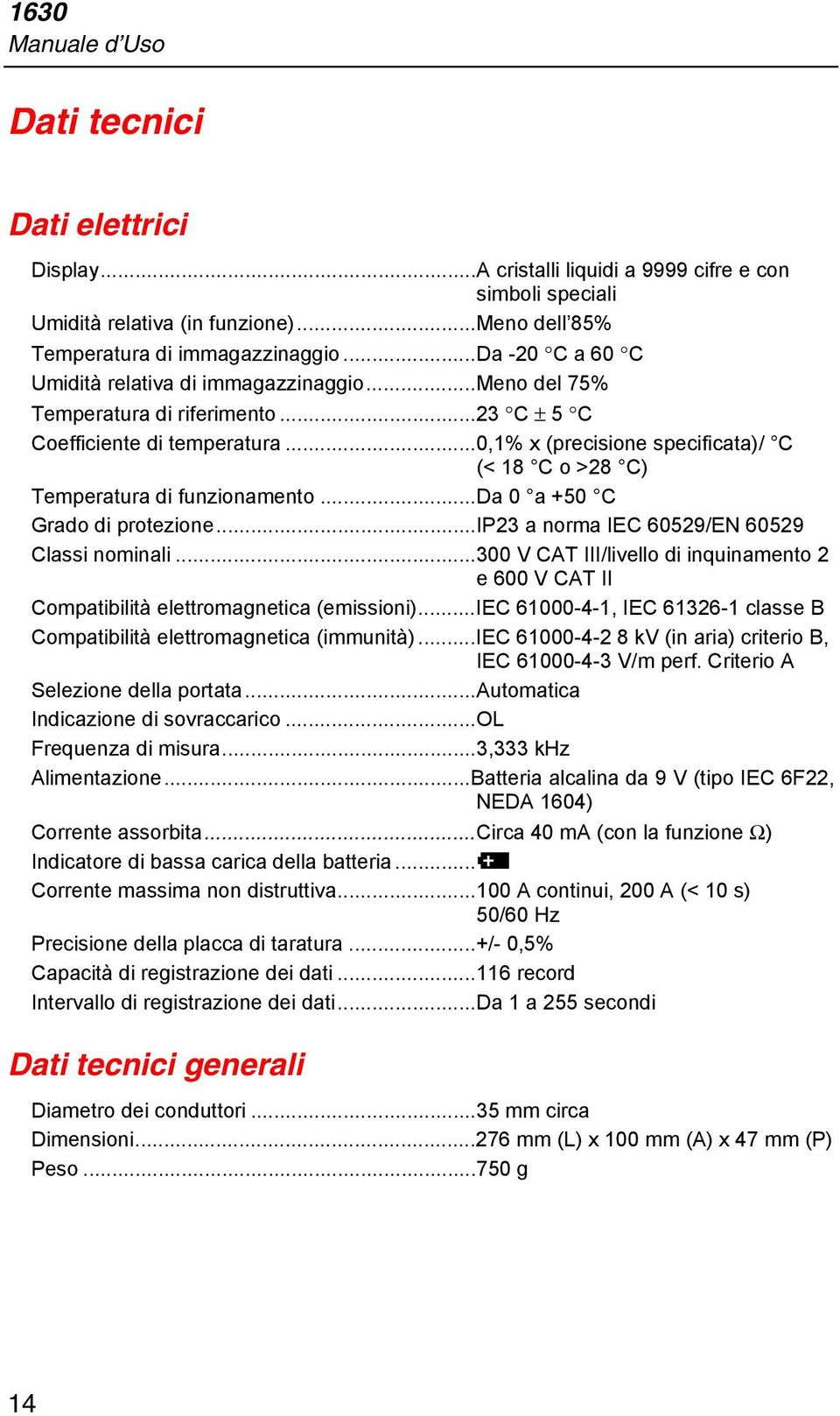 ..0,1% x (precisione specificata)/ C (< 18 C o >28 C) Temperatura di funzionamento...da 0 a +50 C Grado di protezione...ip23 a norma IEC 60529/EN 60529 Classi nominali.