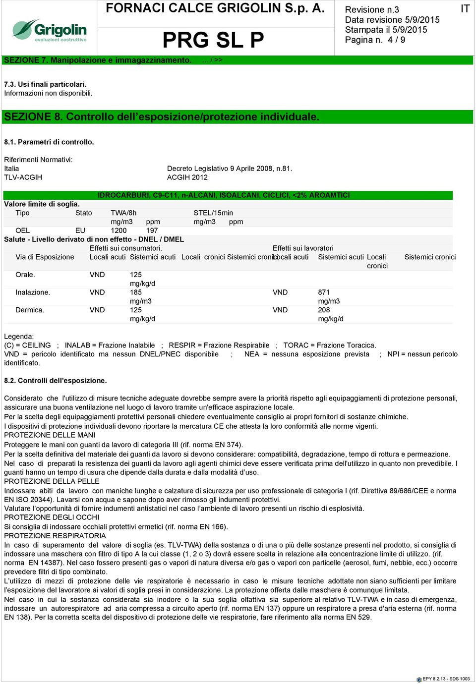 Tipo Stato TWA/8h STEL/15min mg/m3 ppm mg/m3 ppm OEL EU 1200 197 Salute - Livello derivato di non effetto - DNEL / DMEL Effetti sui consumatori.