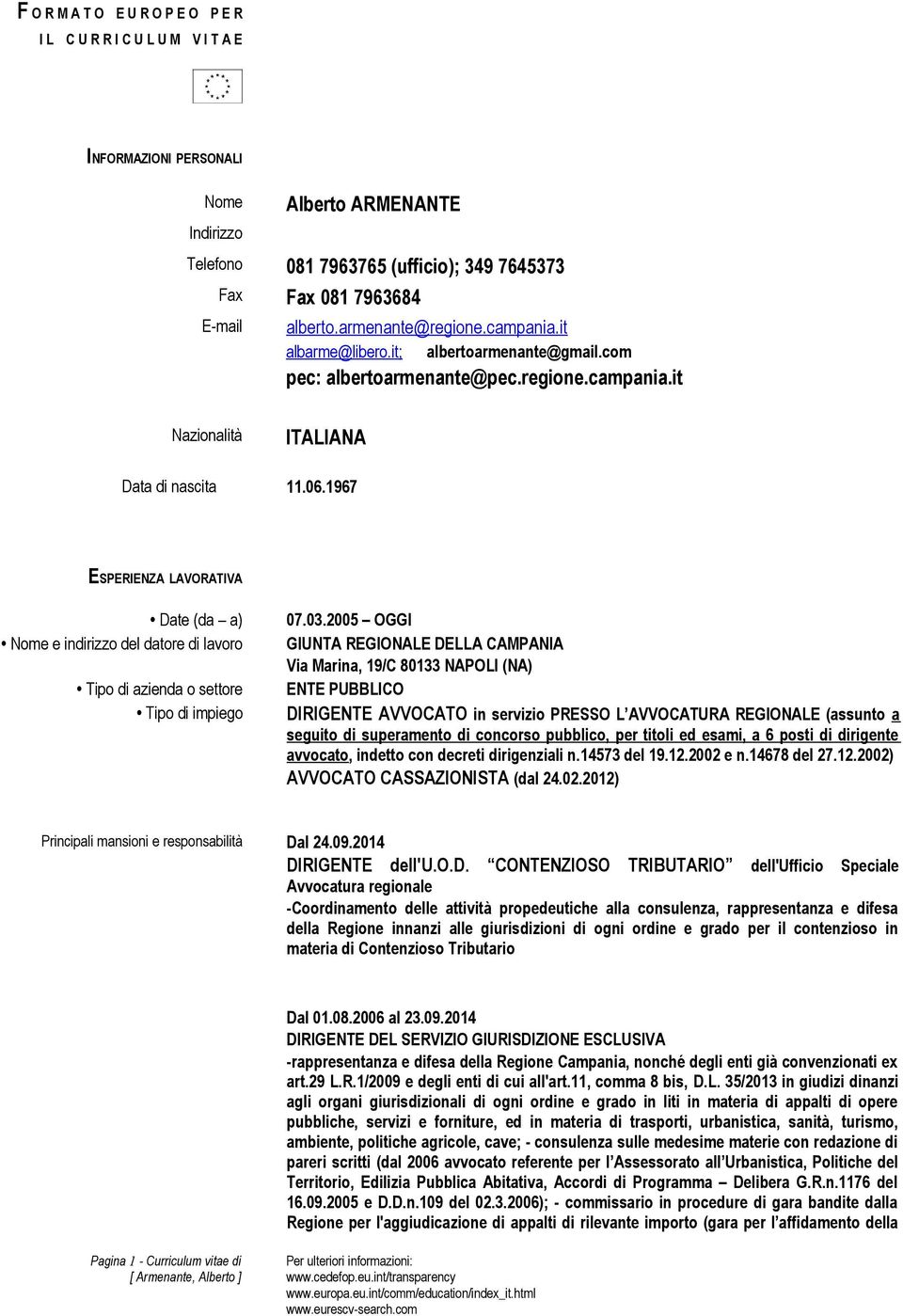 1967 ESPERIENZA LAVORATIVA Date (da a) Nome e indirizzo del datore di lavoro Tipo di azienda o settore Tipo di impiego 07.03.