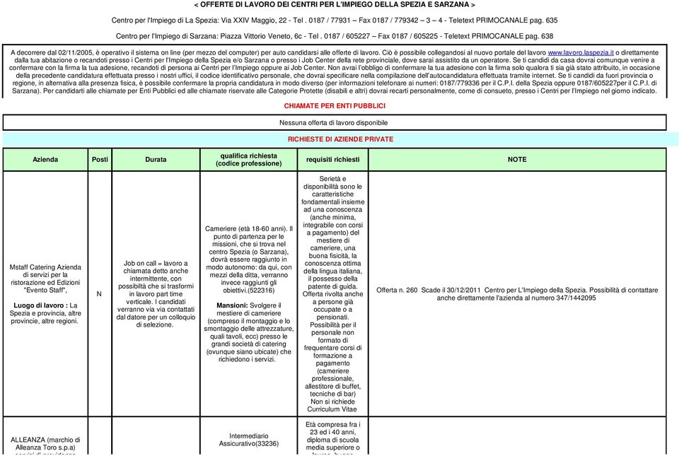 638 A decorrere dal 02//2005, è operativo il sistema on line (per mezzo del computer) per auto candidarsi alle offerte di lavoro. Ciò è possibile collegandosi al nuovo portale del lavoro www.lavoro.laspezia.
