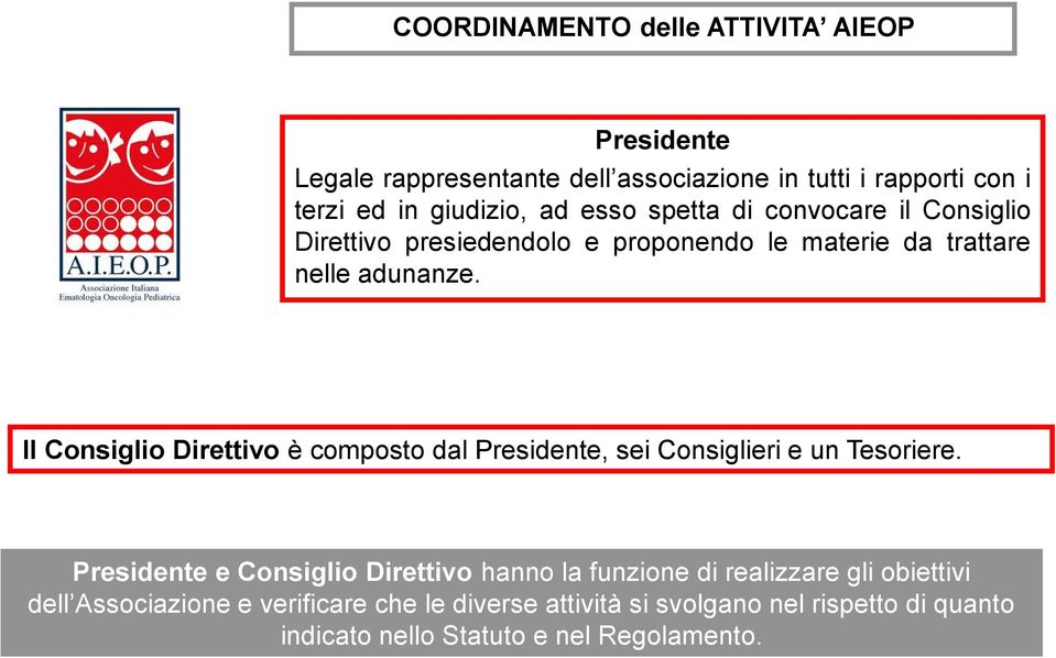 Il Consiglio Direttivo è composto dal Presidente, sei Consiglieri e un Tesoriere.