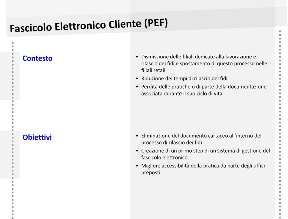 durante il suo ciclo di vita Obiettivi Eliminazione del documento cartaceo all interno del processo di rilascio dei fidi