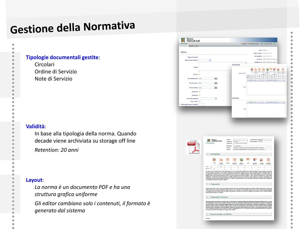 Quando decade viene archiviata su storage off line Retention: 20 anni Layout: La