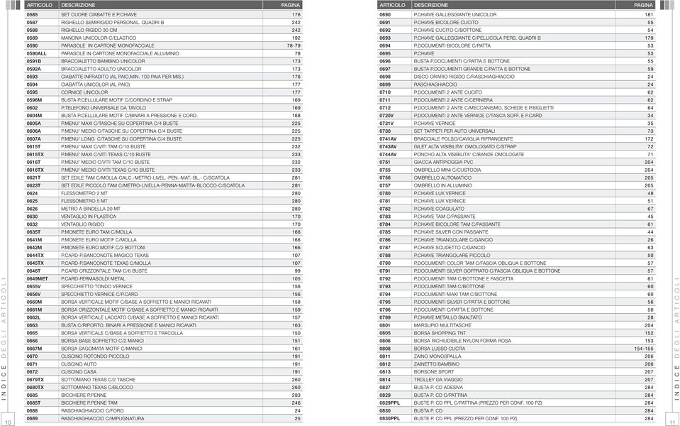 BAMBINO UNICOLOR 173 0592A BRACCIALETTO ADULTO UNICOLOR 173 0593 CIABATTE INFRADITO (AL PAIO,MIN. 100 PAIA PER MIS.) 176 0594 CIABATTA UNICOLOR (AL PAIO) 177 0595 CORNICE UNICOLOR 177 0596M BUSTA P.