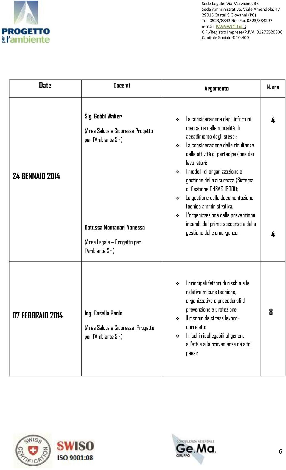 attività di partecipazione dei lavoratori; I modelli di organizzazione e gestione della sicurezza (Sistema di Gestione OHSAS 1001); La gestione della documentazione tecnico amministrativa; L