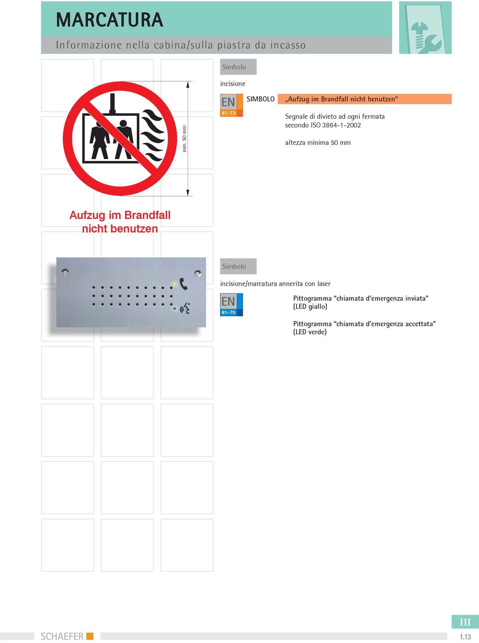 3864-1-2002 altezza minima 50 mm Aufzug im Brandfall nicht benutzen Simbolo incisione/marcatura annerita