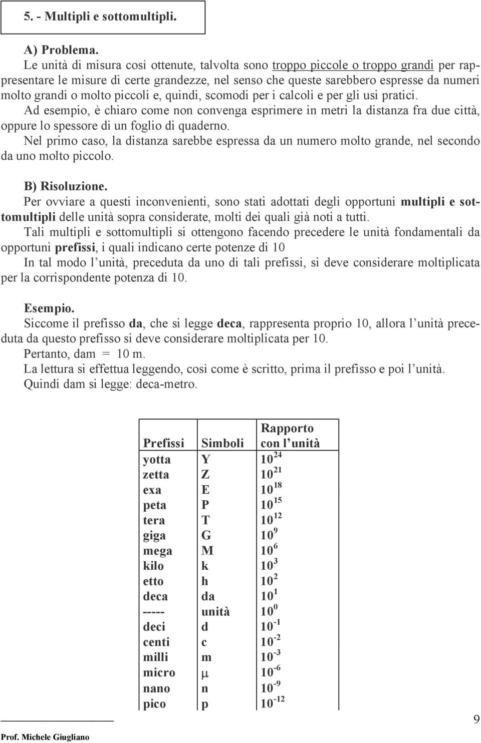 piccoli e, quindi, scomodi per i calcoli e per gli usi pratici. Ad esempio, è chiaro come non convenga esprimere in metri la distanza fra due città, oppure lo spessore di un foglio di quaderno.