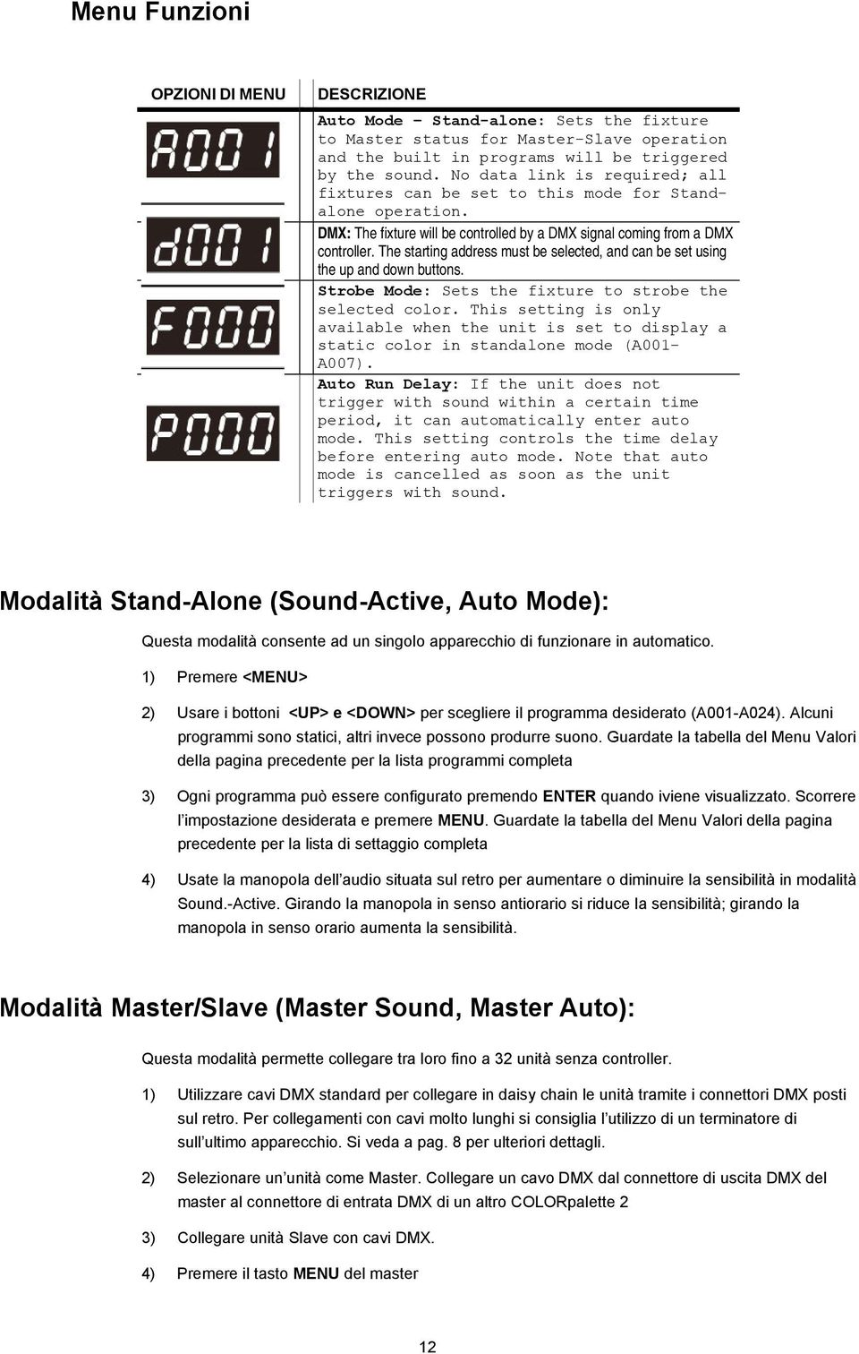 The starting address must be selected, and can be set using the up and down buttons. Strobe Mode: Sets the fixture to strobe the selected color.