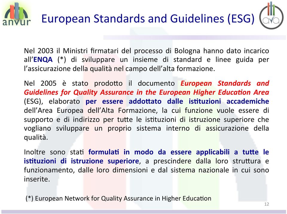 Nel 2005 è stato prodoho il documento European Standards and Guidelines for Quality Assurance in the European Higher Educa+on Area (ESG), elaborato per essere addoyato dalle is4tuzioni accademiche