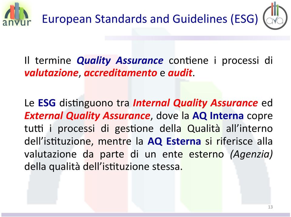 Le ESG dis8nguono tra Internal Quality Assurance ed External Quality Assurance, dove la AQ Interna copre