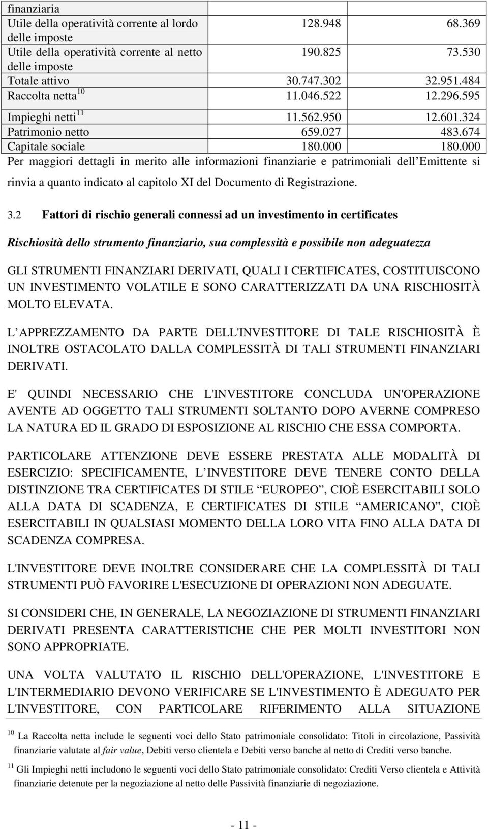 000 Per maggiori dettagli in merito alle informazioni finanziarie e patrimoniali dell Emittente si rinvia a quanto indicato al capitolo XI del Documento di Registrazione. 3.