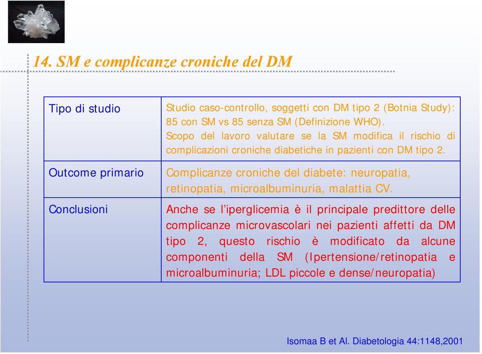 Complicanze croniche del diabete: neuropatia, retinopatia, microalbuminuria, malattia CV.