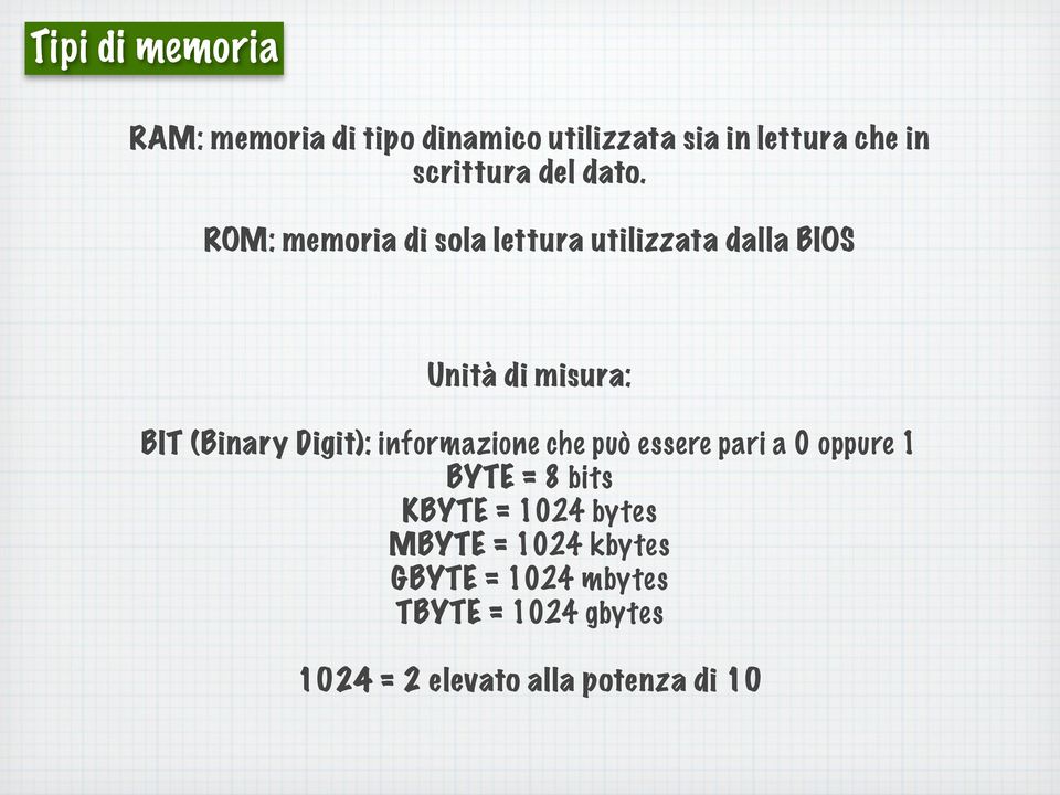 ROM: memoria di sola lettura utilizzata dalla BIOS Unità di misura: BIT (Binary Digit):