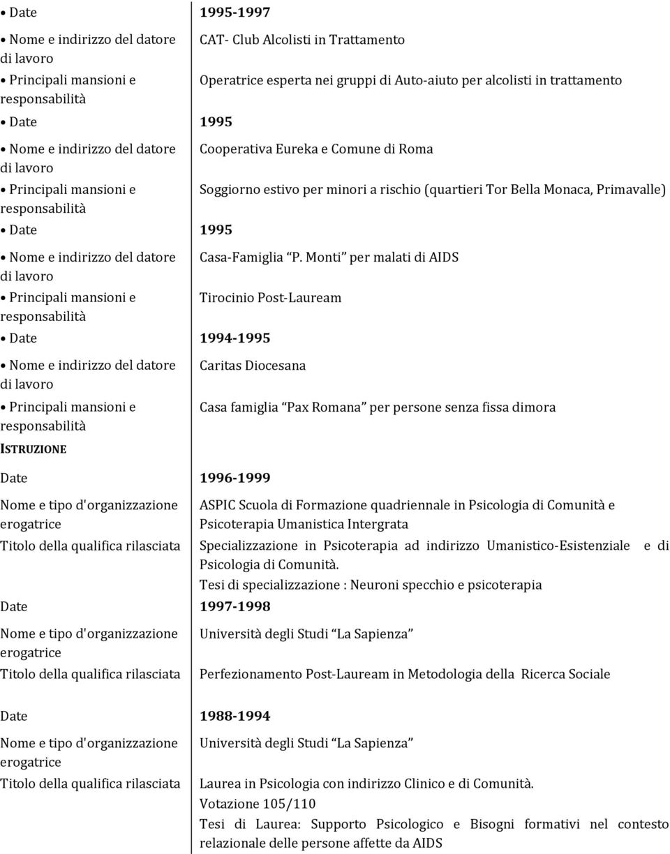 Monti per malati di AIDS Tirocinio Post-Lauream Caritas Diocesana Casa famiglia Pax Romana per persone senza fissa dimora ISTRUZIONE Date 1996-1999 Titolo della qualifica rilasciata Date 1997-1998