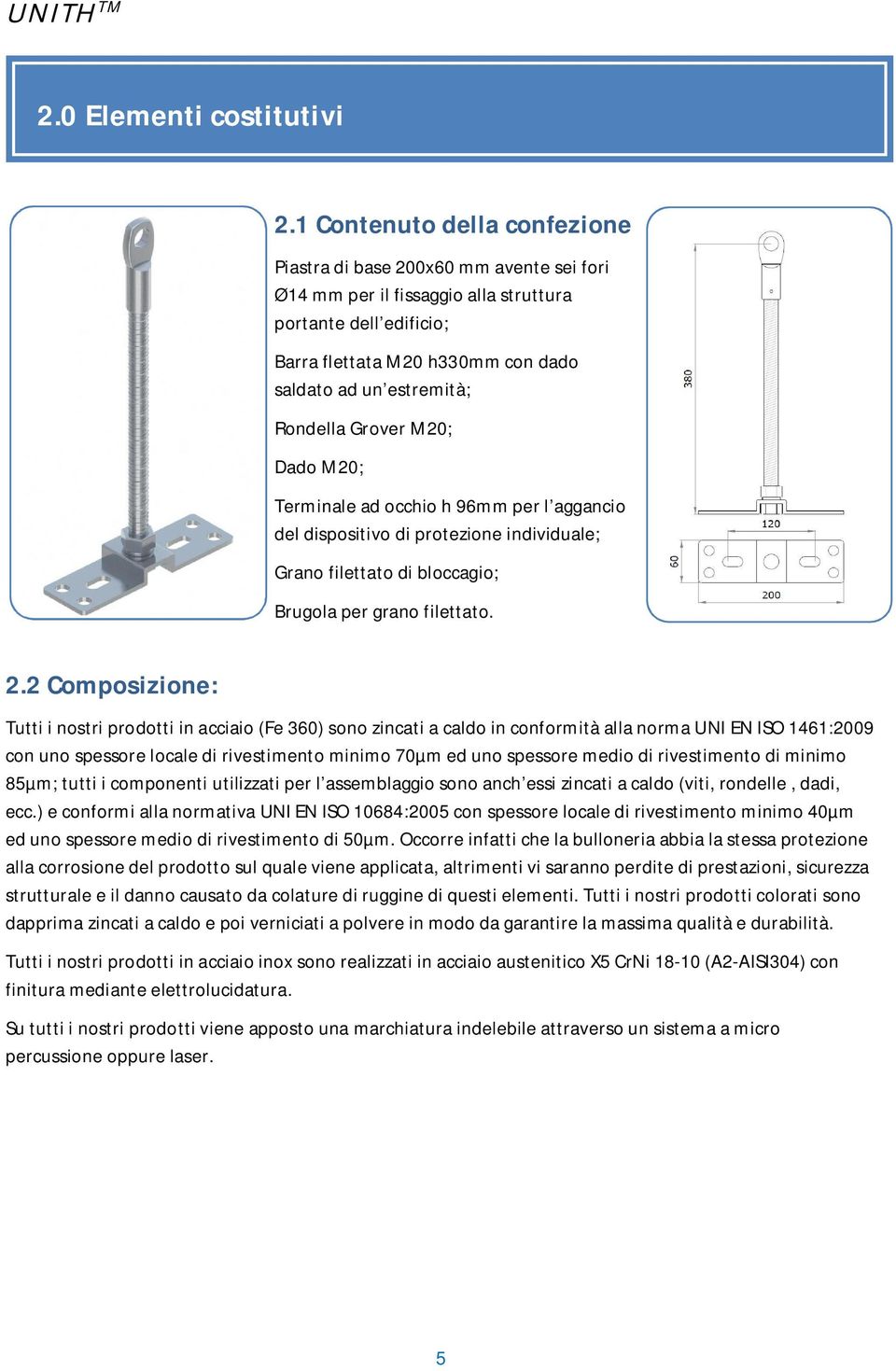 Grover M20; Dado M20; Terminale ad occhio h 96mm per l aggancio del dispositivo di protezione individuale; Grano filettato di bloccagio; Brugola per grano filettato. 2.