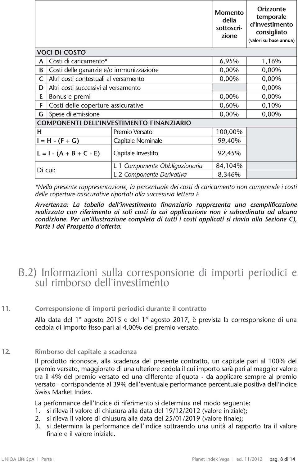 emissione 0,00% 0,00% COMPONENTI DELL INVESTIMENTO FINANZIARIO H Premio Versato 100,00% I = H - (F + G) Capitale Nominale 99,40% L = I - (A + B + C - E) Capitale Investito 92,45% Di cui: L 1