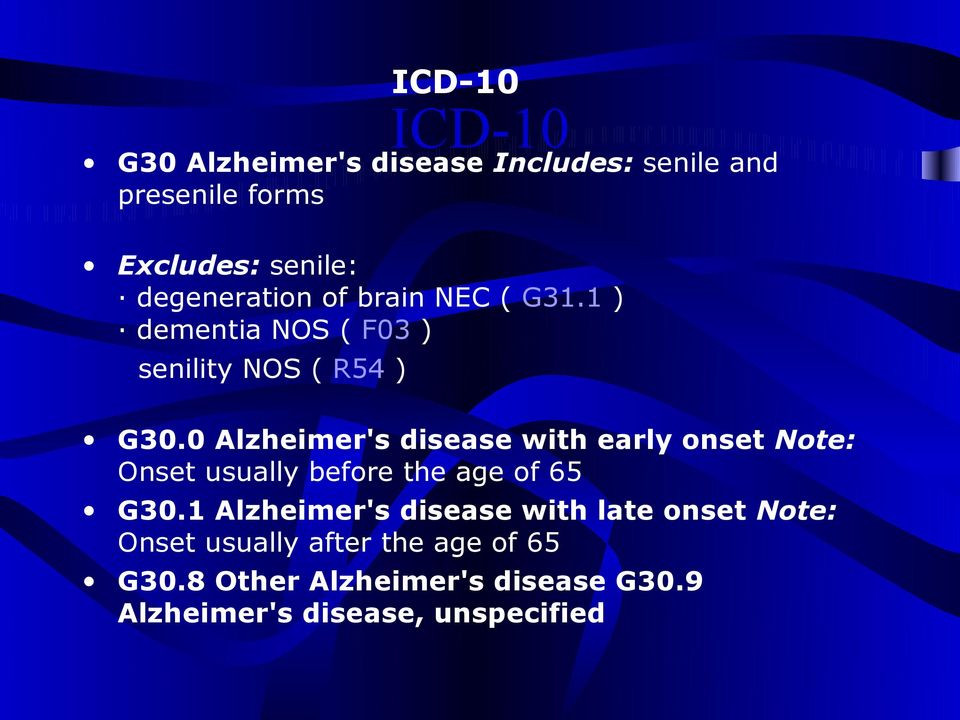 0 Alzheimer's disease with early onset Note: Onset usually before the age of 65 G30.