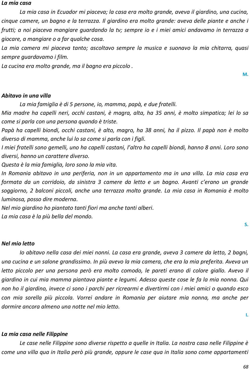 La mia camera mi piaceva tanto; ascoltavo sempre la musica e suonavo la mia chitarra, quasi sempre guardavamo i film. La cucina era molto grande, ma il bagno era piccolo. M.