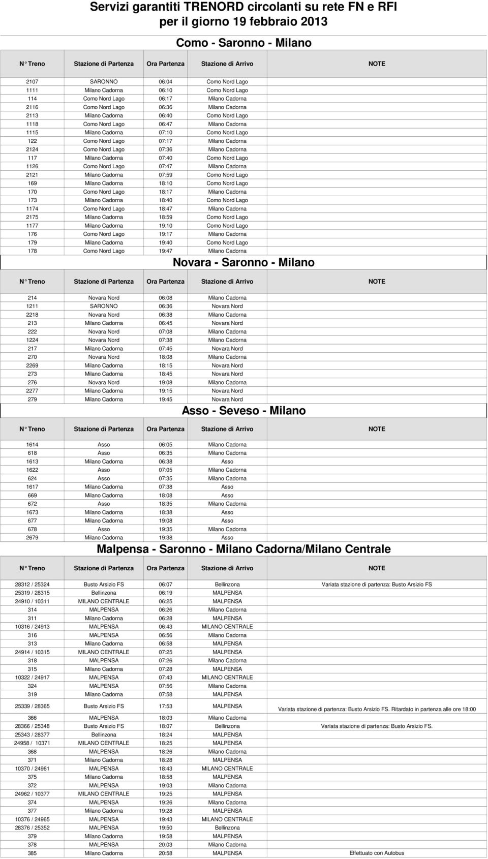 Cadorna 2124 Como Nord Lago 07:36 Milano Cadorna 117 Milano Cadorna 07:40 Como Nord Lago 1126 Como Nord Lago 07:47 Milano Cadorna 2121 Milano Cadorna 07:59 Como Nord Lago 169 Milano Cadorna 18:10