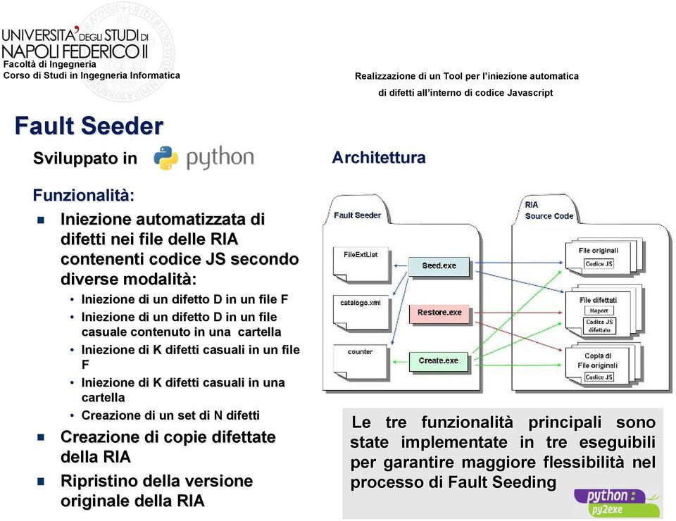 Iniezione di K difetti casuali in una cartella Creazione di un set di N difetti Creazione di copie difettate della RIA Ripristino della versione