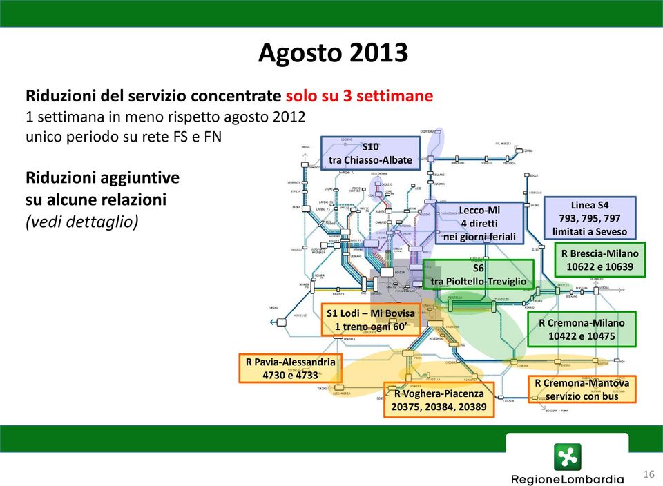 Pioltello-Treviglio Linea S4 793, 795, 797 limitati a Seveso R Brescia-Milano 10622 e 10639 S1 Lodi Mi Bovisa 1 treno ogni 60 R