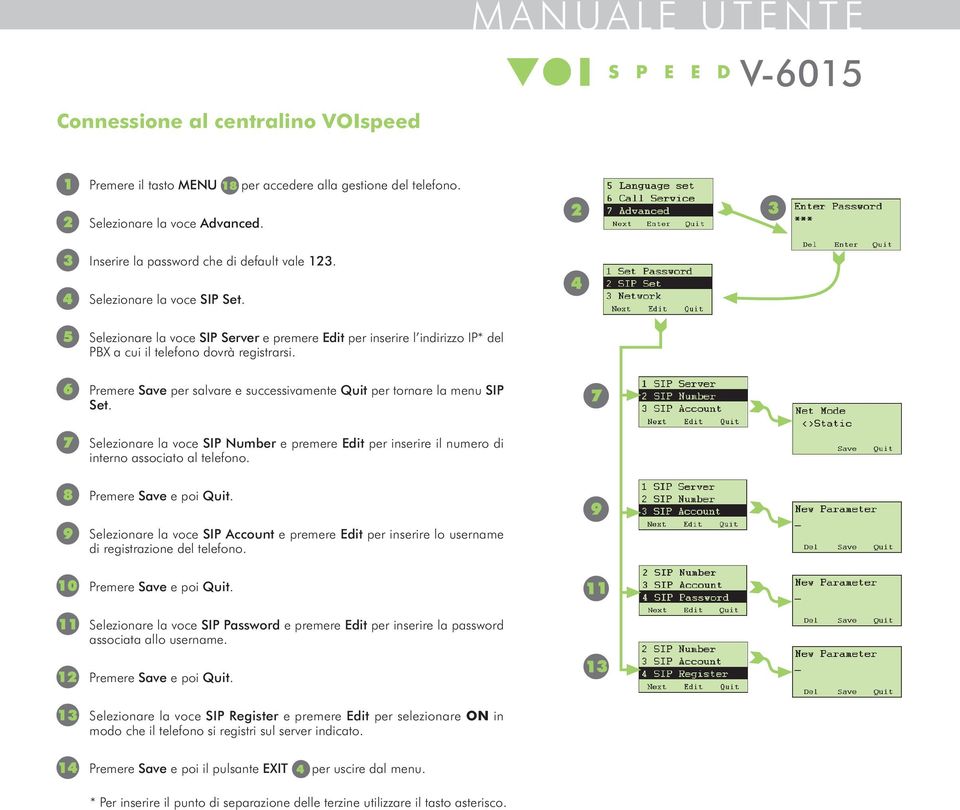 Premere Save per salvare e successivamente Quit per tornare la menu SIP Set. 0 Selezionare la voce SIP Number e premere Edit per inserire il numero di interno associato al telefono.