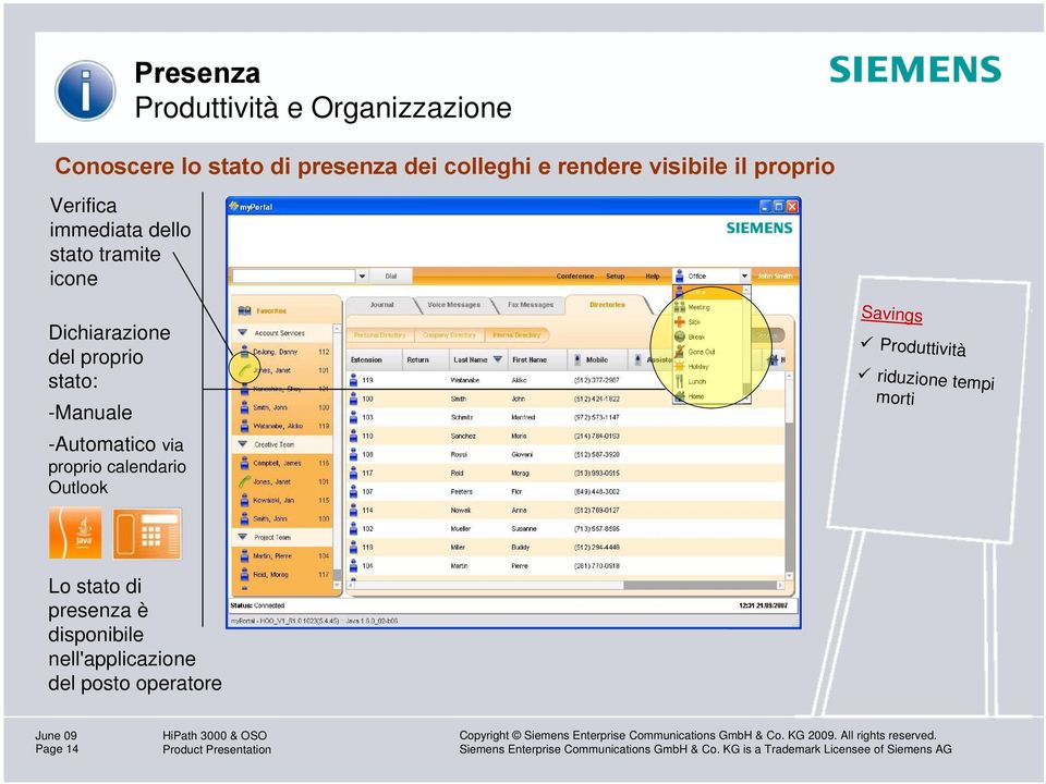 proprio stato: -Manuale -Automatico via proprio calendario Outlook Savings Produttività