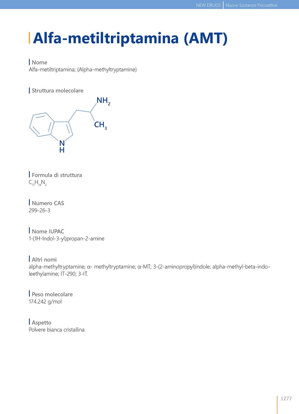 299-26-3 Nome IUPAC 1-(1H-Indol-3-yl)propan-2-amine Altri nomi alpha-methyltryptamine; α- methyltryptamine; α-mt;